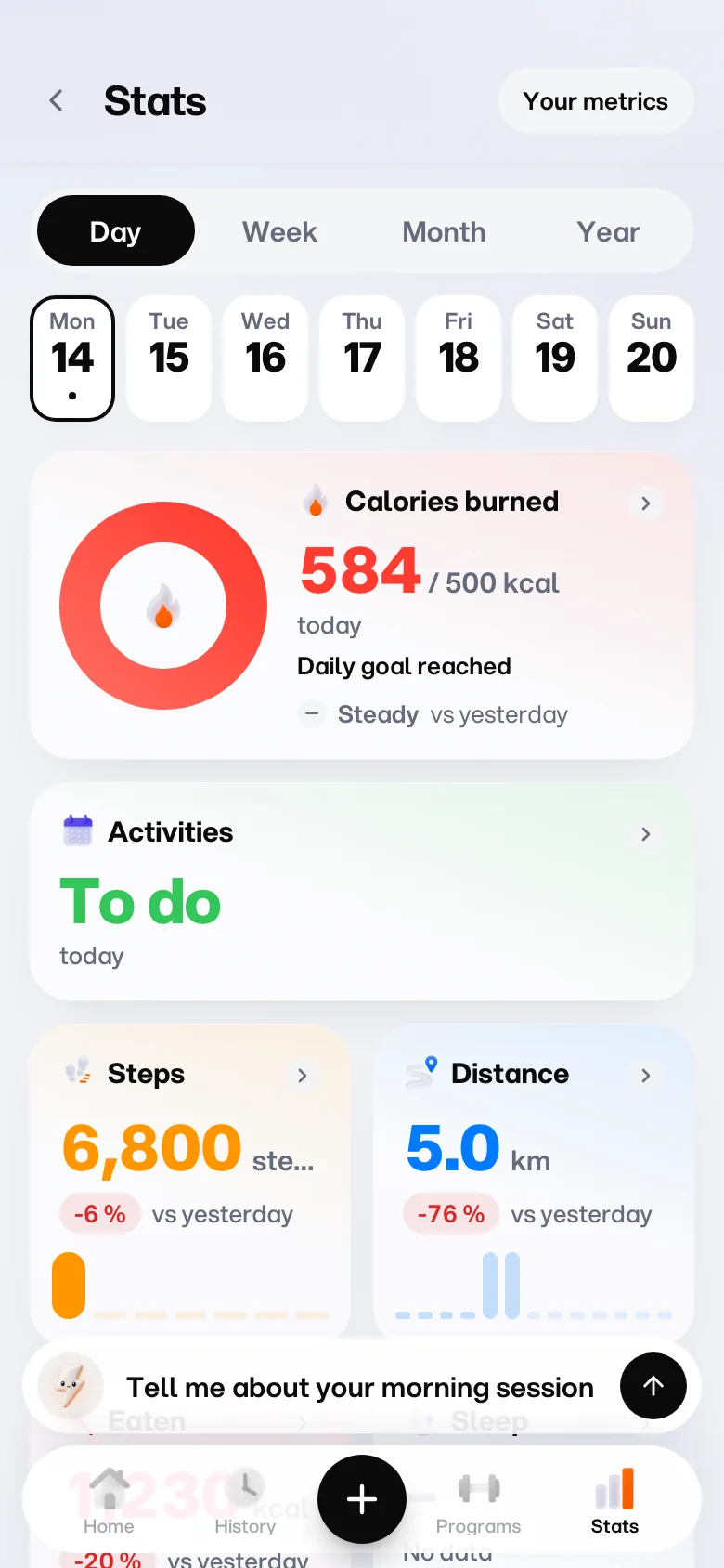 Stats de l’app 6way : calories, activités, pas, sommeil